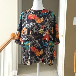 Pari Passu Marni Floral Print Boat Neck Blouse Black Gold Zip Top Size 16